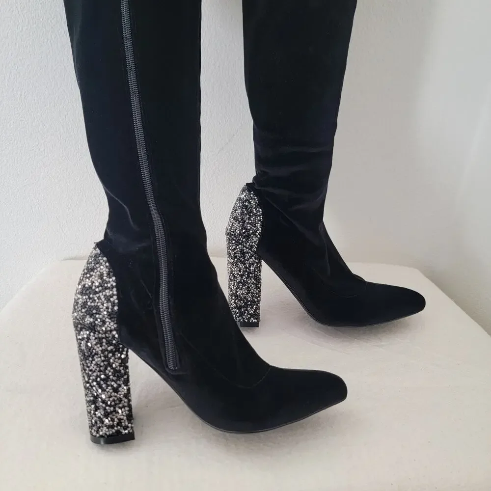 Over the Knee Boot Zip Glittery Block Heel Velvet‎ Sz 7 Whimsygoth Party Concert